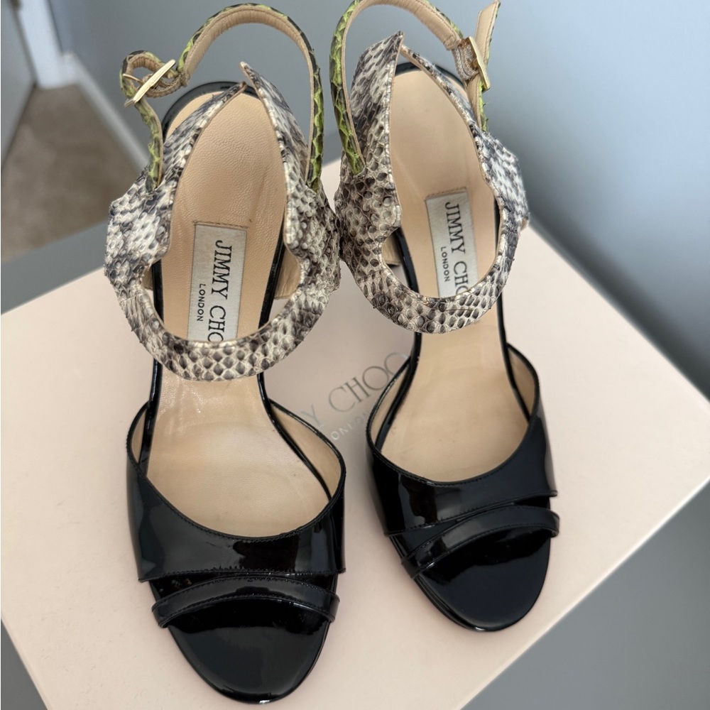 Jimmy Choo Black Patent Leather Heels with Snakeskin Ankle Strap - Picture 3 of 8